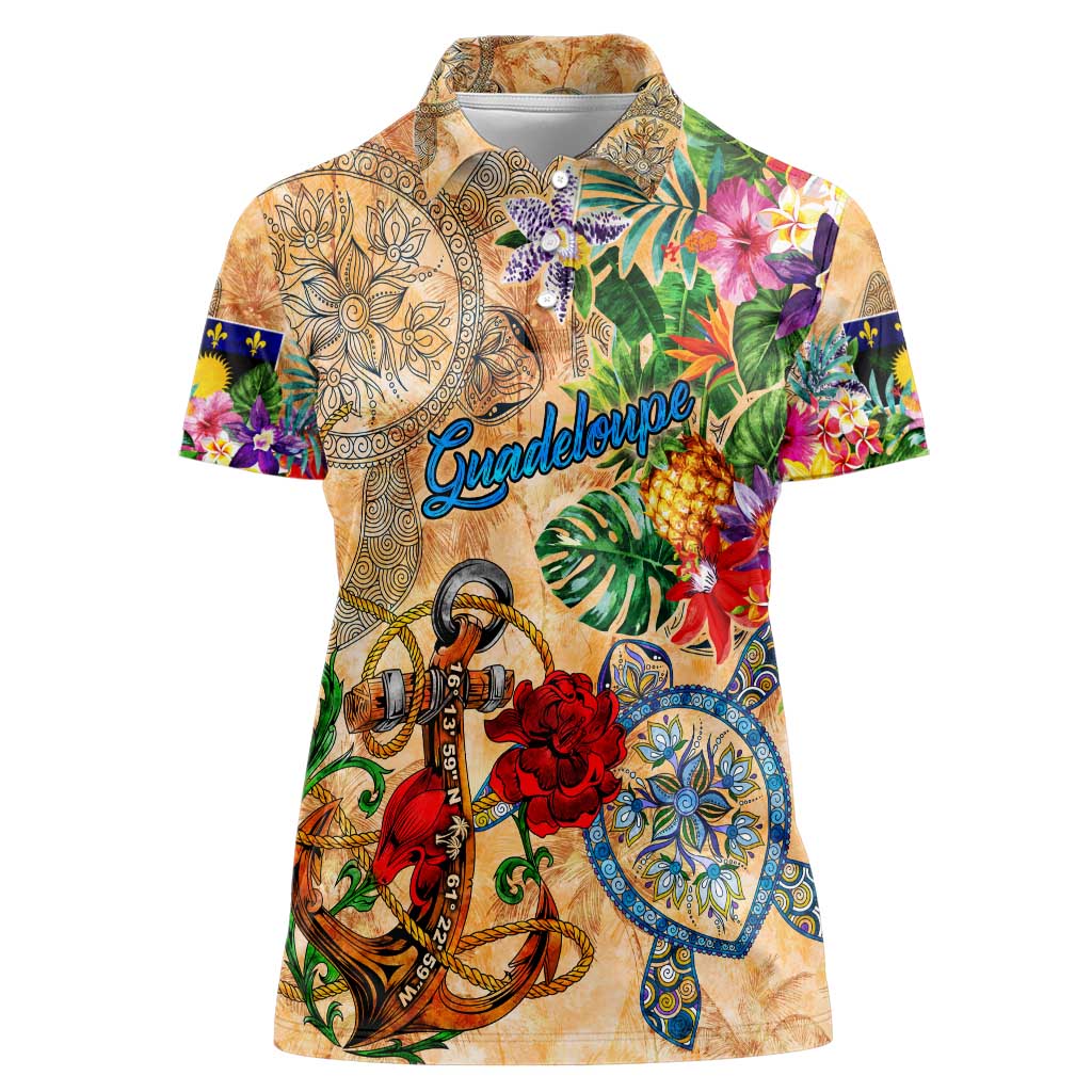 Guadeloupe Women Polo Shirt Geographic Coordinate Anchor - Turlte Tropical