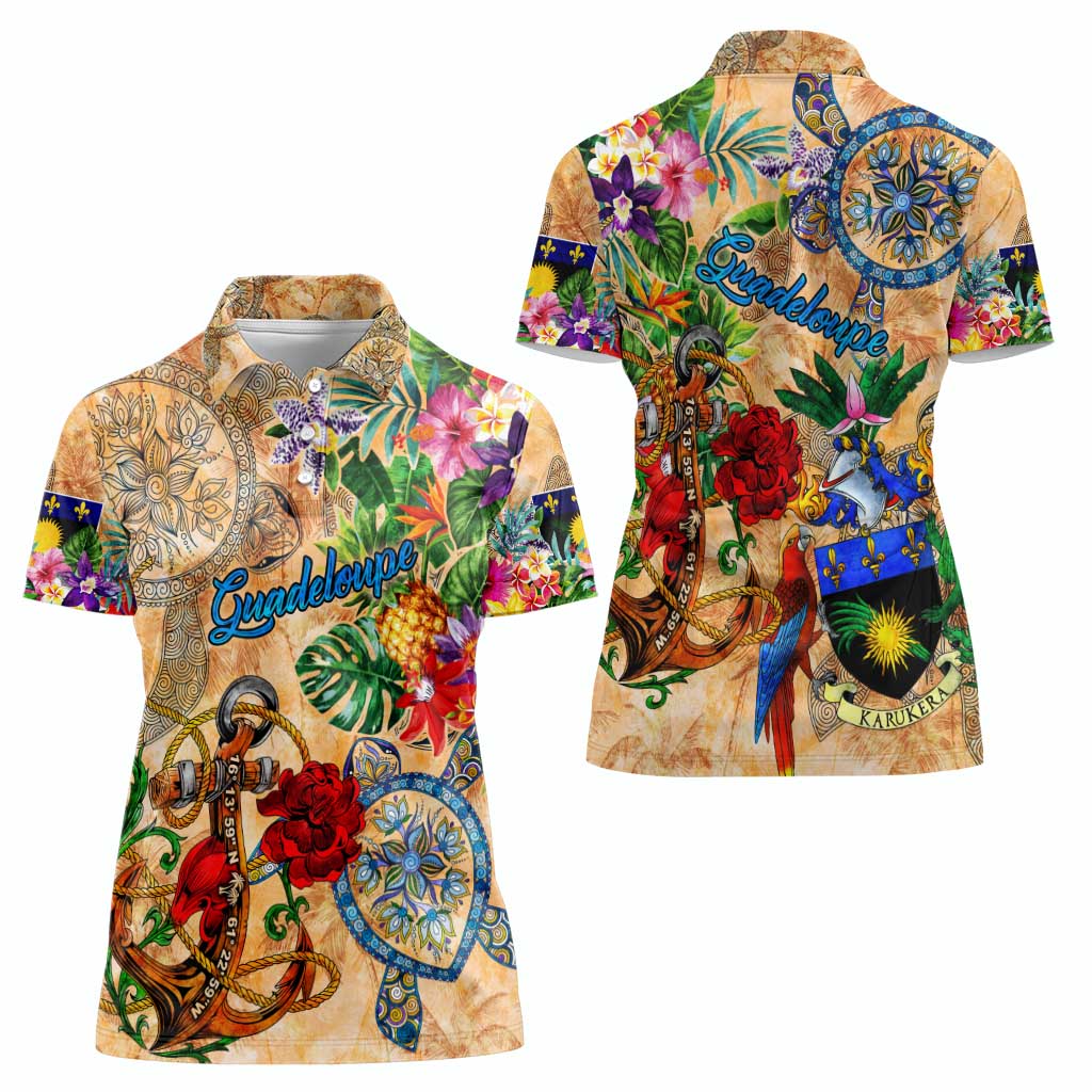 Guadeloupe Women Polo Shirt Geographic Coordinate Anchor - Turlte Tropical