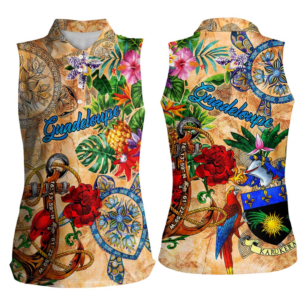 Guadeloupe Women Sleeveless Polo Shirt Geographic Coordinate Anchor - Turlte Tropical