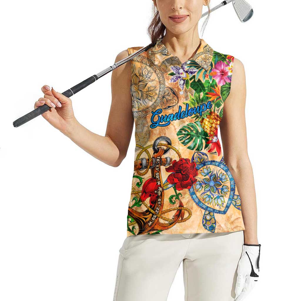 Guadeloupe Women Sleeveless Polo Shirt Geographic Coordinate Anchor - Turlte Tropical