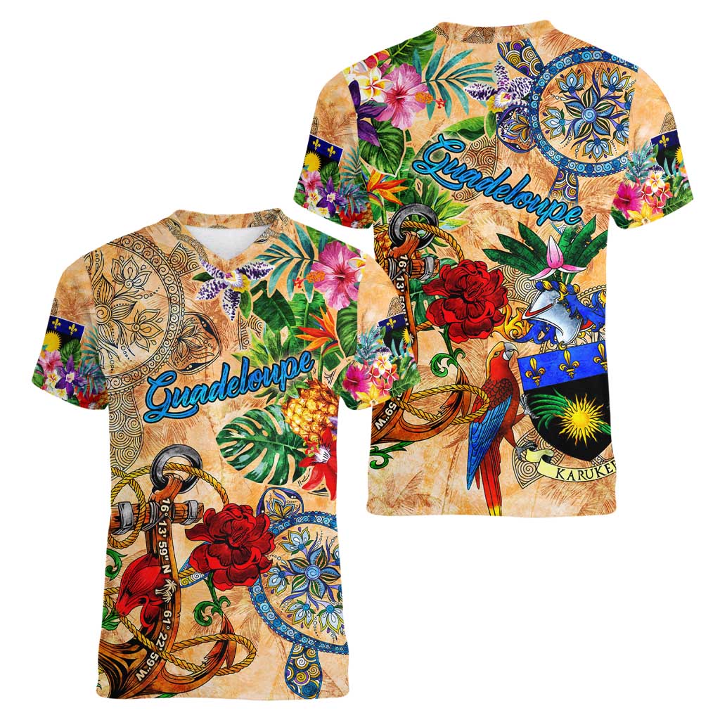 Guadeloupe Women V-Neck T-Shirt Geographic Coordinate Anchor - Turlte Tropical