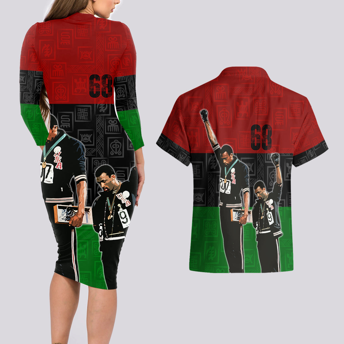 Mexico City 1968 African American Couples Matching Long Sleeve Bodycon Dress and Hawaiian Shirt Black Power Salute - Wonder Print Shop