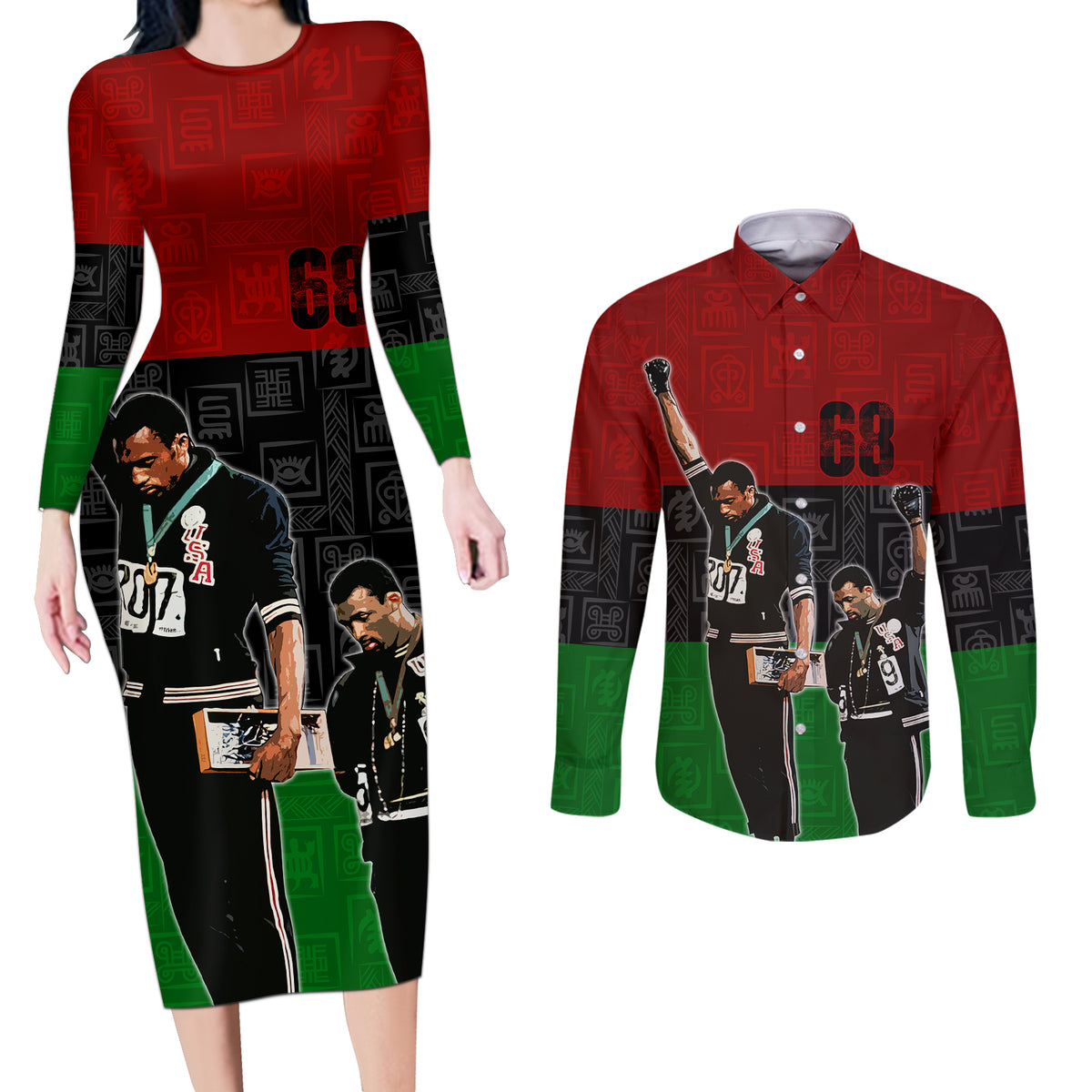Mexico City 1968 African American Couples Matching Long Sleeve Bodycon Dress and Long Sleeve Button Shirts Black Power Salute - Wonder Print Shop