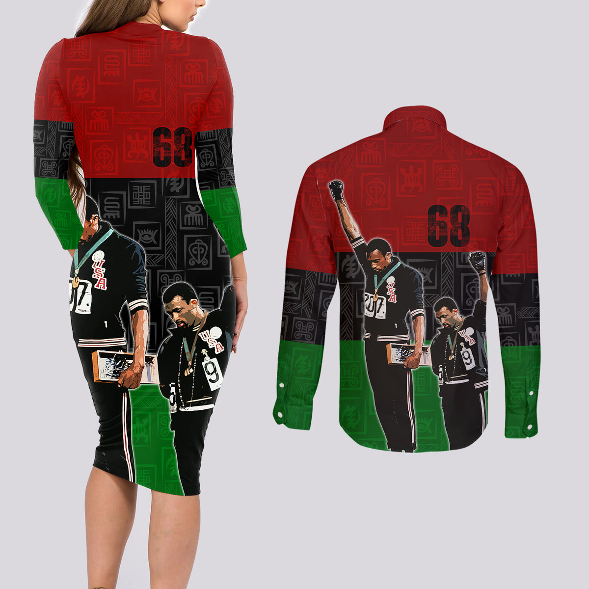 Mexico City 1968 African American Couples Matching Long Sleeve Bodycon Dress and Long Sleeve Button Shirts Black Power Salute - Wonder Print Shop