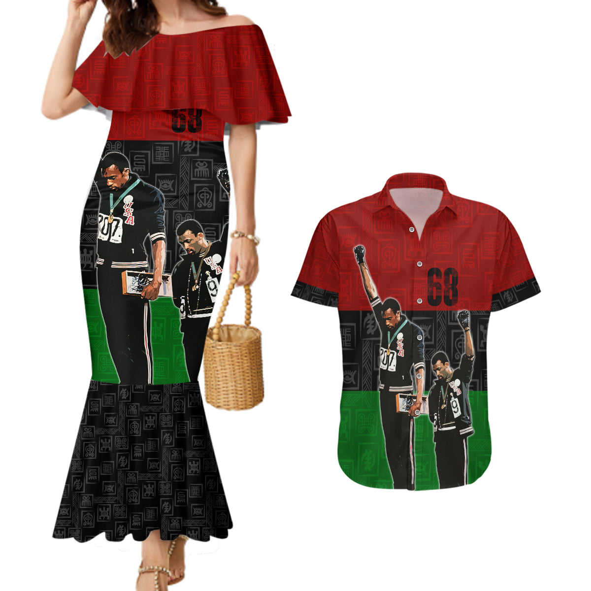 Mexico City 1968 African American Couples Matching Mermaid Dress and Hawaiian Shirt Black Power Salute - Wonder Print Shop