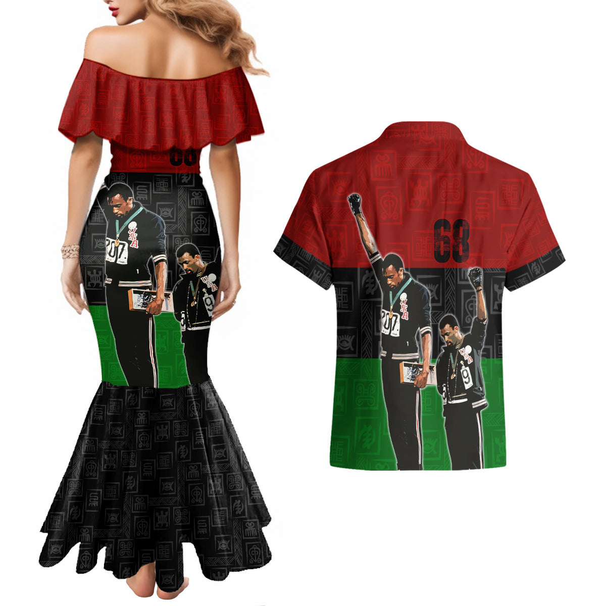 Mexico City 1968 African American Couples Matching Mermaid Dress and Hawaiian Shirt Black Power Salute - Wonder Print Shop