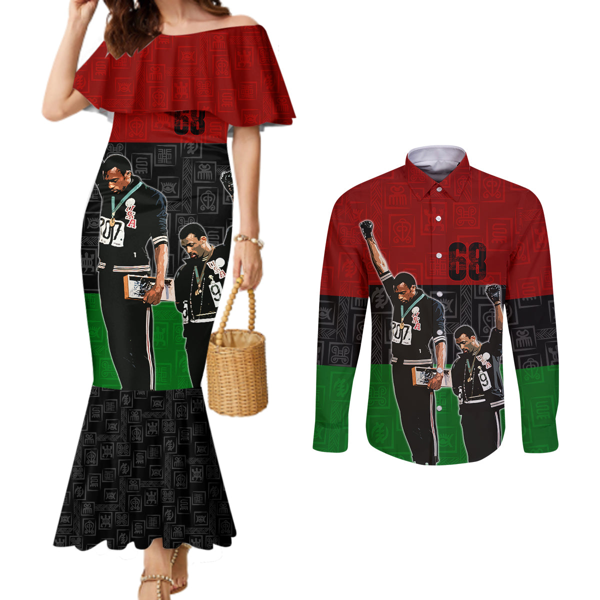 mexico-city-1968-olympics-african-american-couples-matching-mermaid-dress-and-long-sleeve-button-shirts-black-power-salute