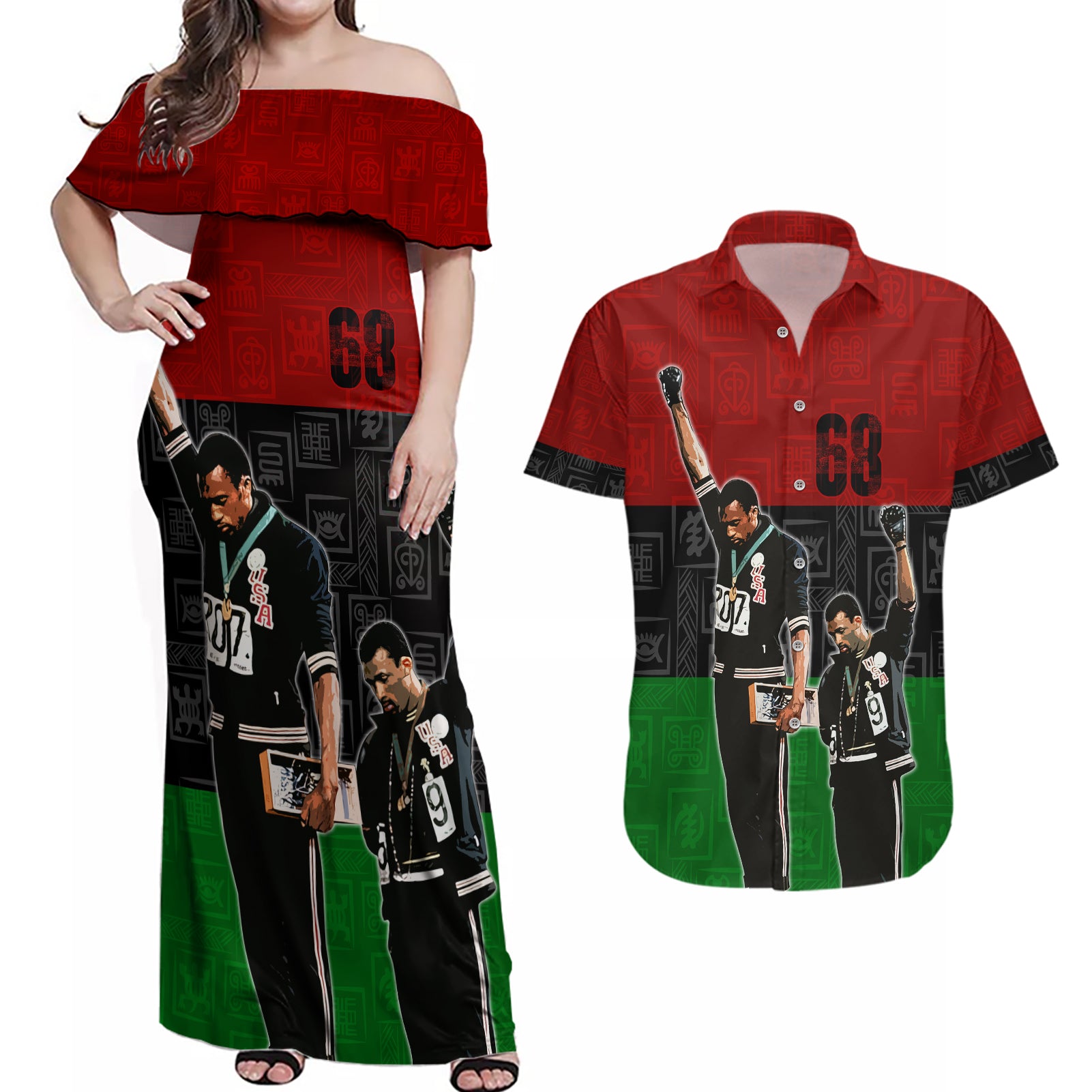 Mexico City 1968 African American Couples Matching Off Shoulder Maxi Dress and Hawaiian Shirt Black Power Salute - Wonder Print Shop