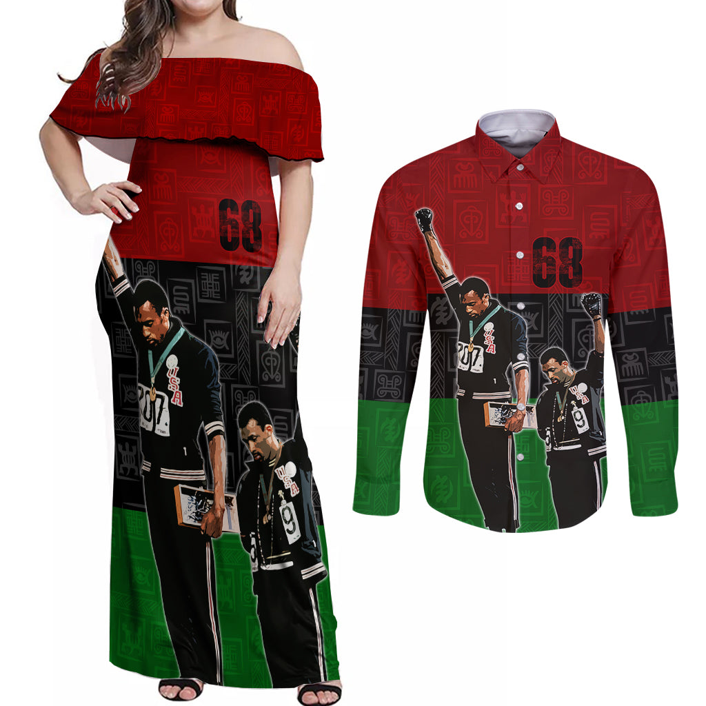 Mexico City 1968 African American Couples Matching Off Shoulder Maxi Dress and Long Sleeve Button Shirts Black Power Salute - Wonder Print Shop