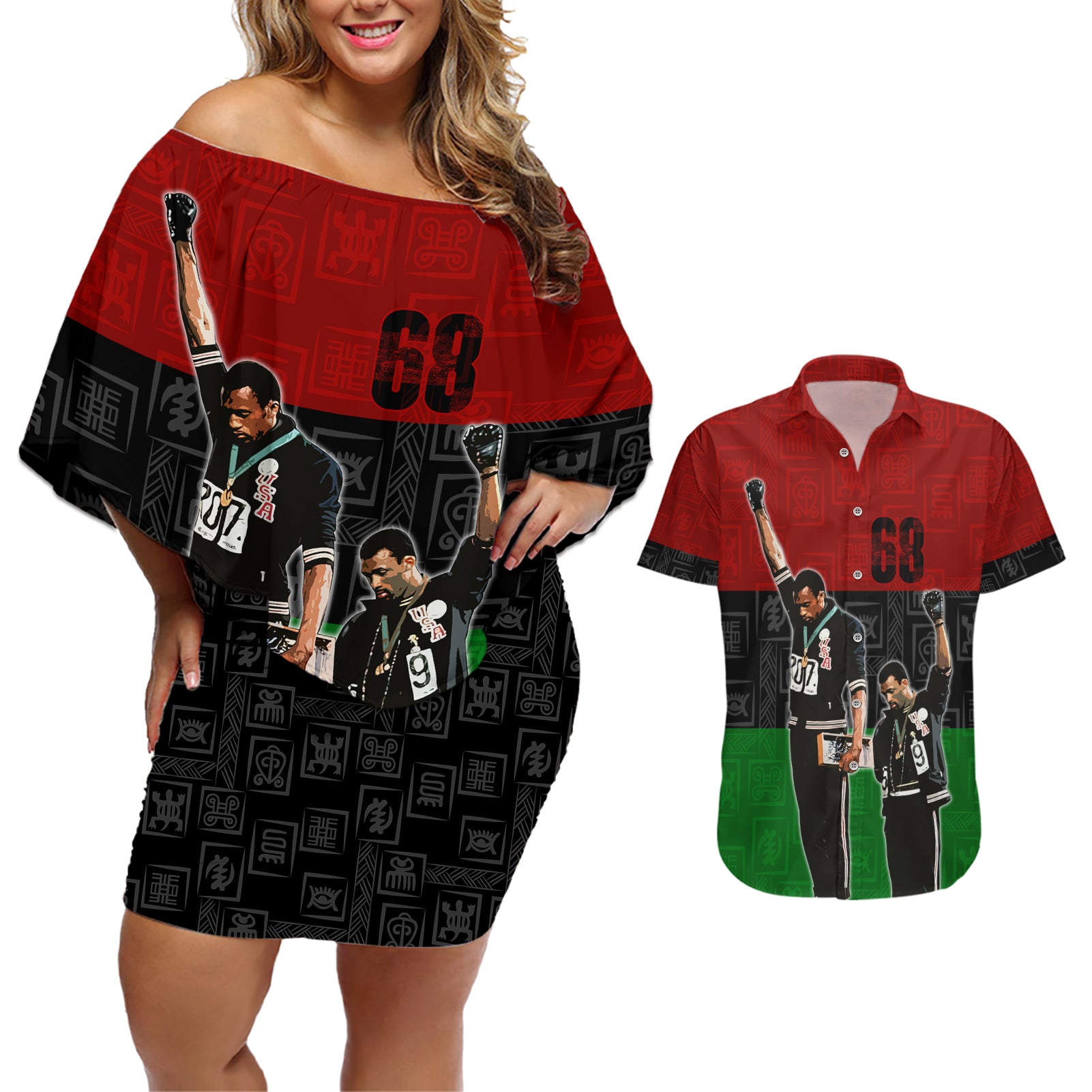 Mexico City 1968 African American Couples Matching Off Shoulder Short Dress and Hawaiian Shirt Black Power Salute - Wonder Print Shop