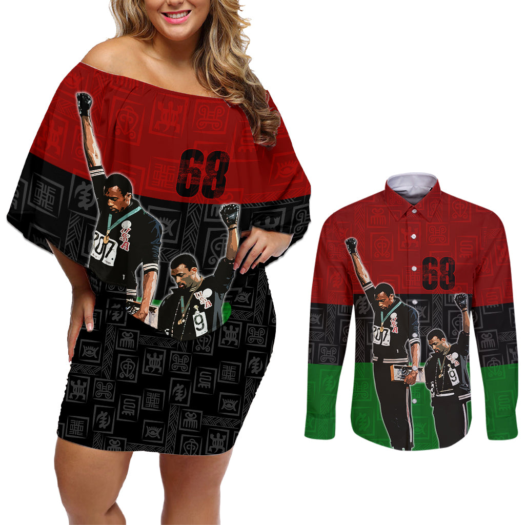 Mexico City 1968 African American Couples Matching Off Shoulder Short Dress and Long Sleeve Button Shirts Black Power Salute - Wonder Print Shop