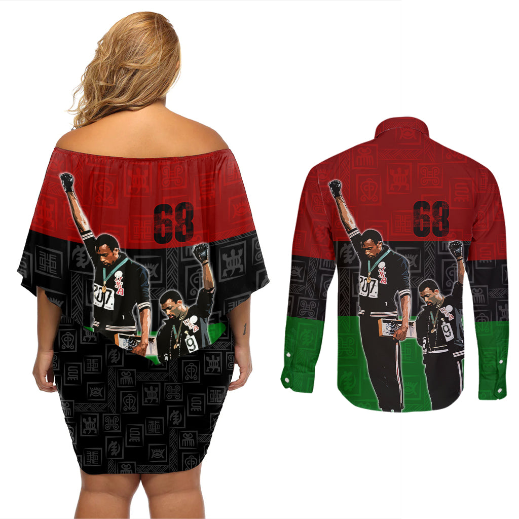 Mexico City 1968 African American Couples Matching Off Shoulder Short Dress and Long Sleeve Button Shirts Black Power Salute - Wonder Print Shop