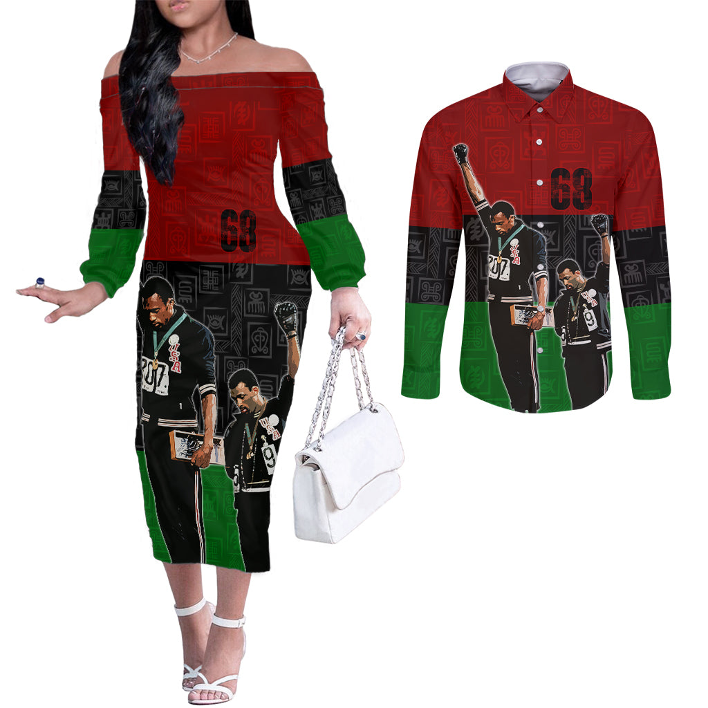 mexico-city-1968-olympics-african-american-couples-matching-off-the-shoulder-long-sleeve-dress-and-long-sleeve-button-shirts-black-power-salute