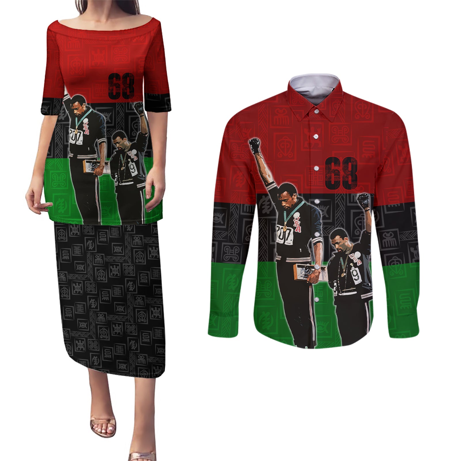 Mexico City 1968 African American Couples Matching Puletasi Dress and Long Sleeve Button Shirts Black Power Salute - Wonder Print Shop