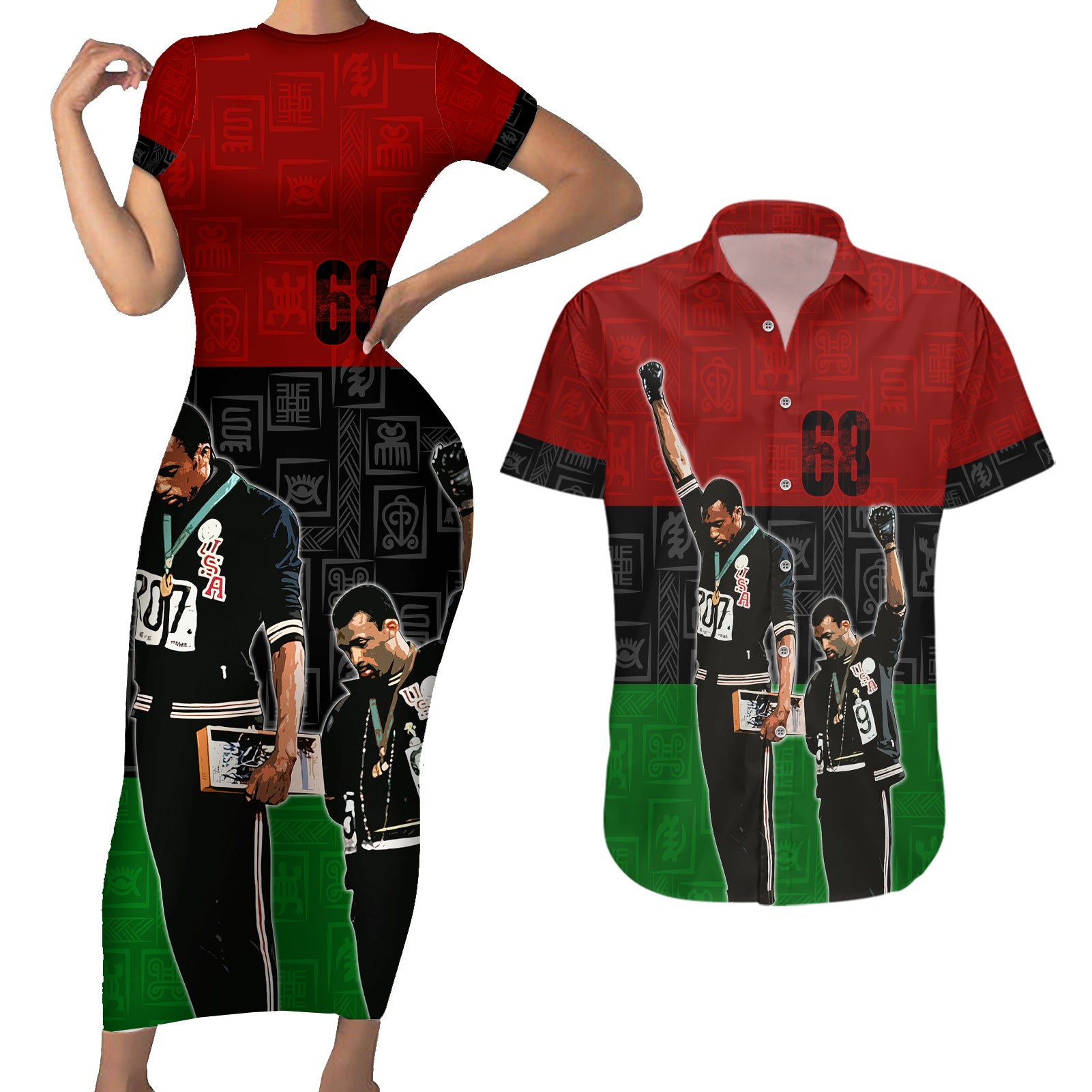Mexico City 1968 African American Couples Matching Short Sleeve Bodycon Dress and Hawaiian Shirt Black Power Salute - Wonder Print Shop