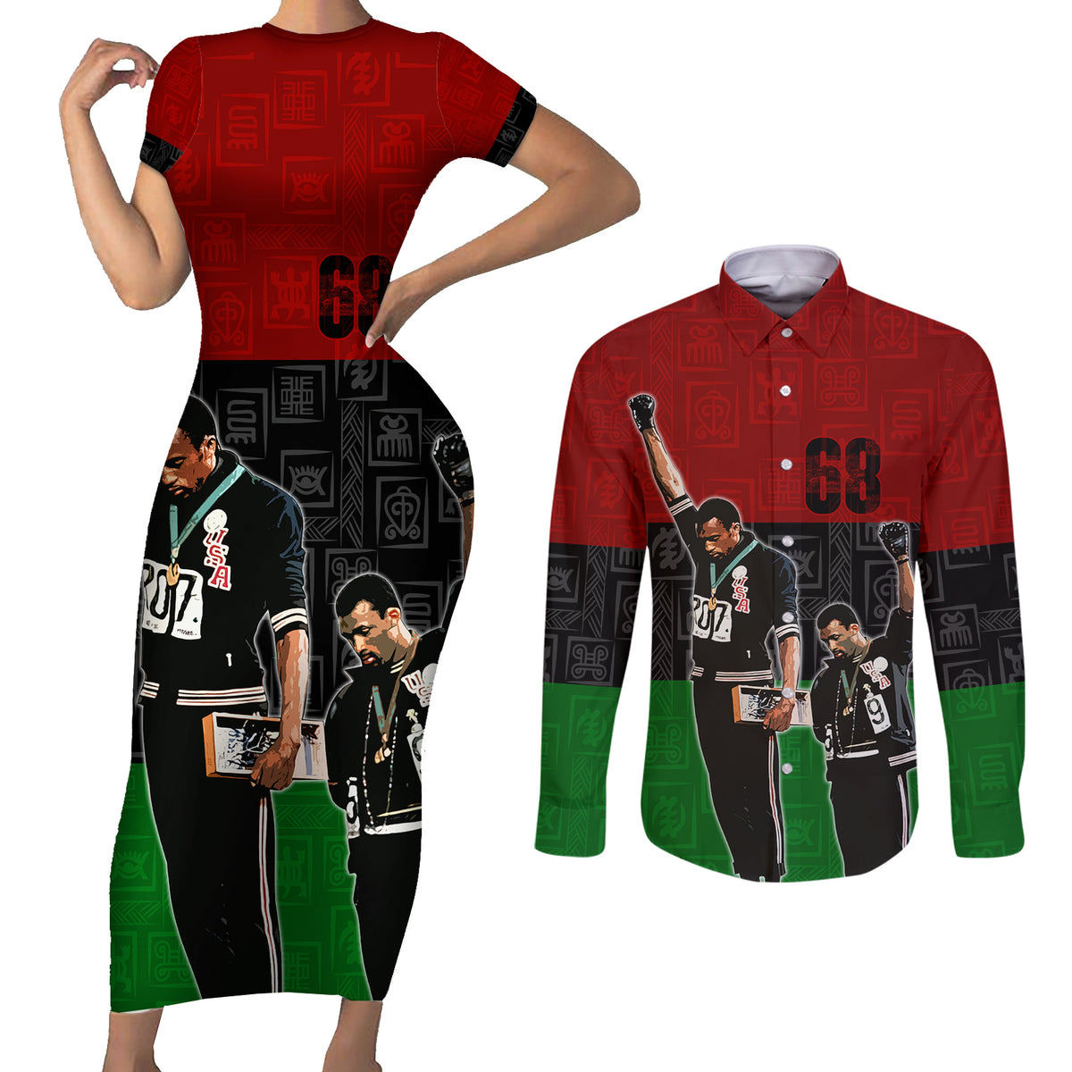 Mexico City 1968 African American Couples Matching Short Sleeve Bodycon Dress and Long Sleeve Button Shirts Black Power Salute - Wonder Print Shop