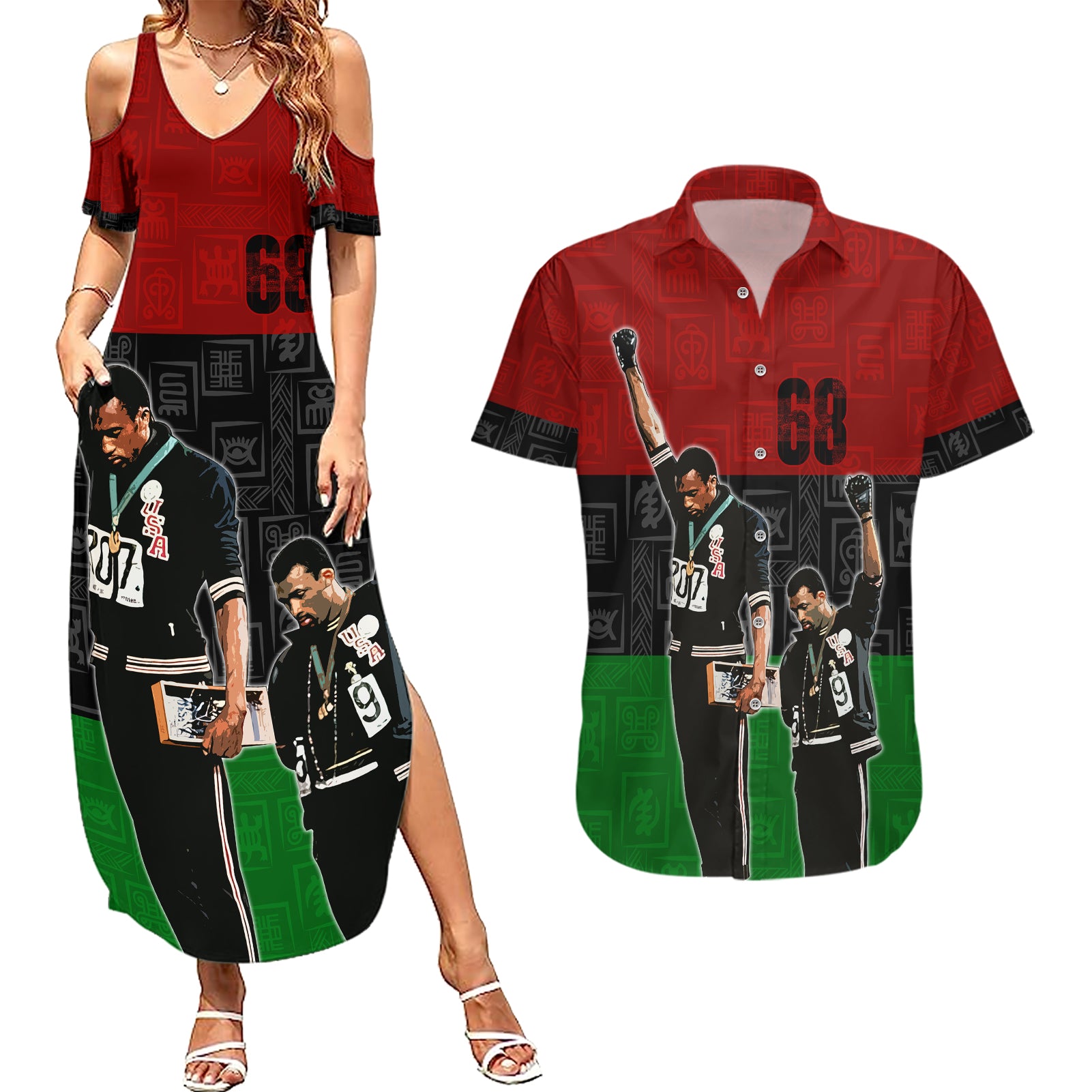 Mexico City 1968 African American Couples Matching Summer Maxi Dress and Hawaiian Shirt Black Power Salute - Wonder Print Shop