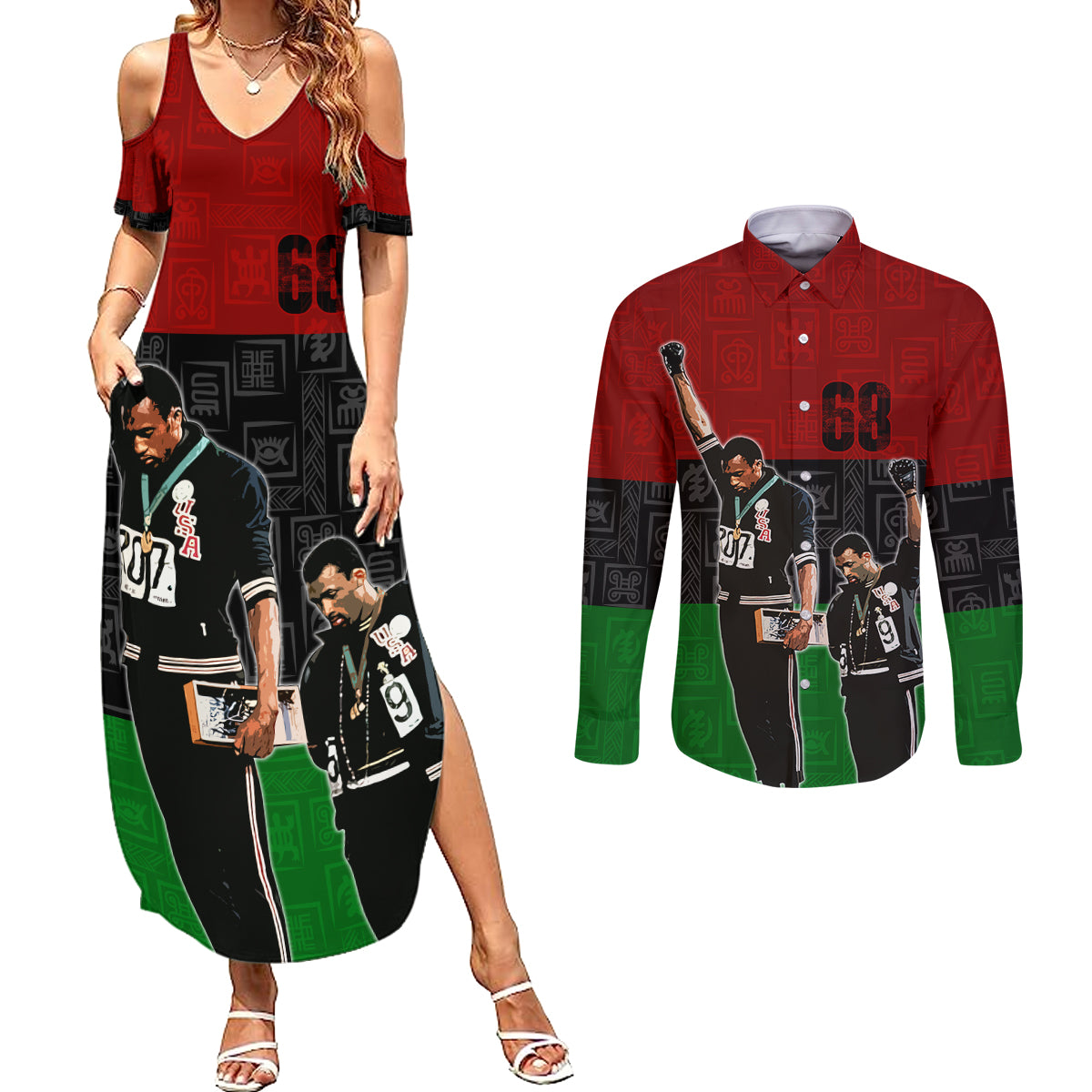 Mexico City 1968 African American Couples Matching Summer Maxi Dress and Long Sleeve Button Shirts Black Power Salute - Wonder Print Shop