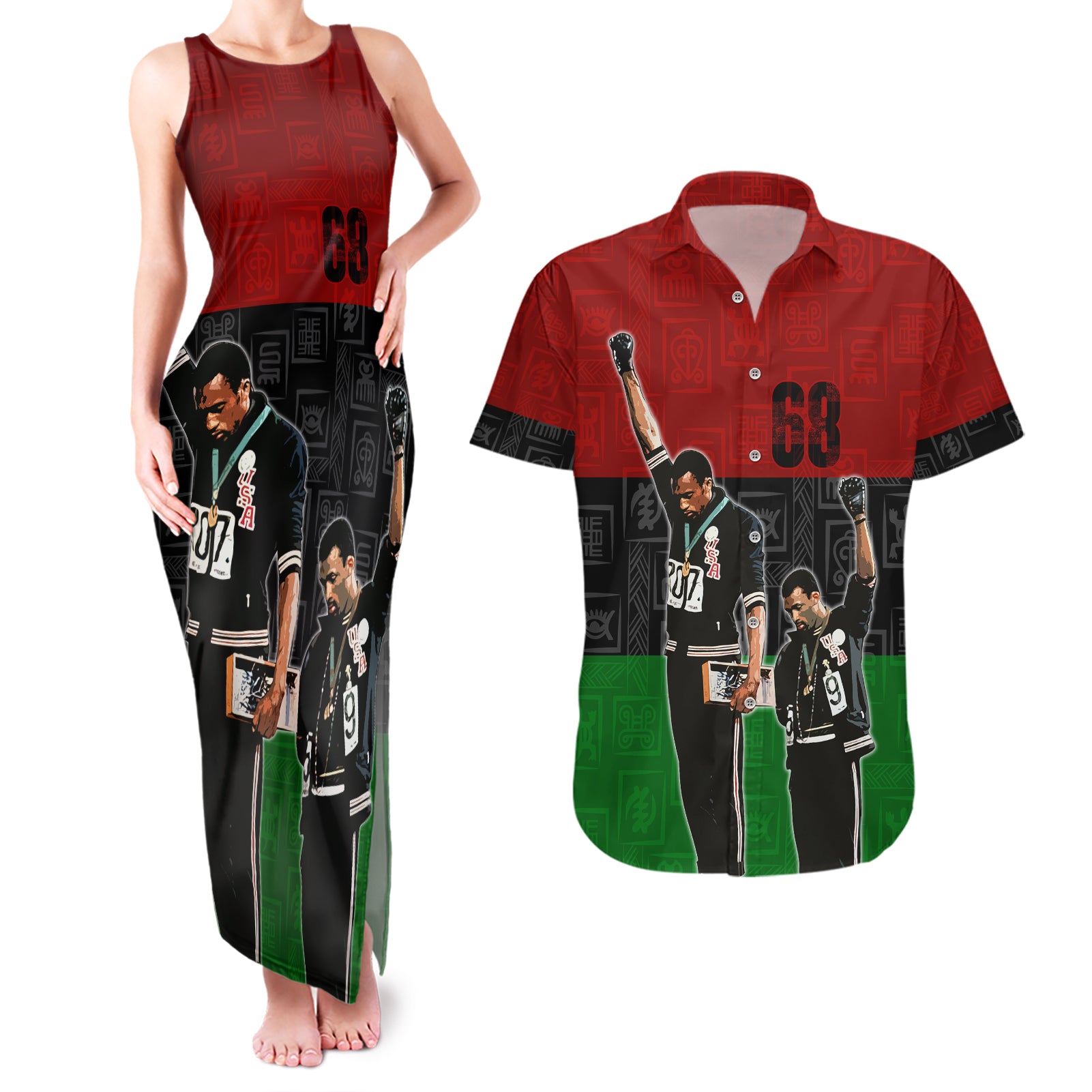 Mexico City 1968 African American Couples Matching Tank Maxi Dress and Hawaiian Shirt Black Power Salute - Wonder Print Shop