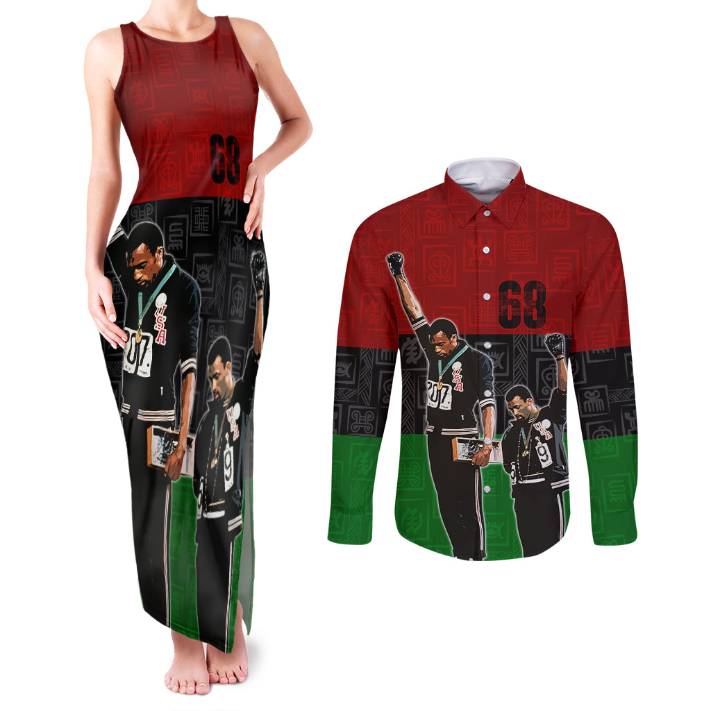 Mexico City 1968 African American Couples Matching Tank Maxi Dress and Long Sleeve Button Shirts Black Power Salute - Wonder Print Shop