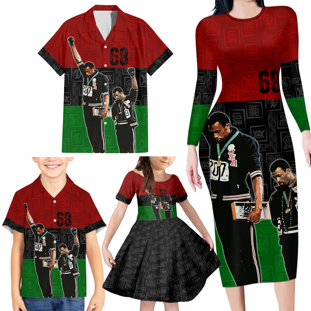 Mexico City 1968 African American Family Matching Long Sleeve Bodycon Dress and Hawaiian Shirt Black Power Salute - Wonder Print Shop