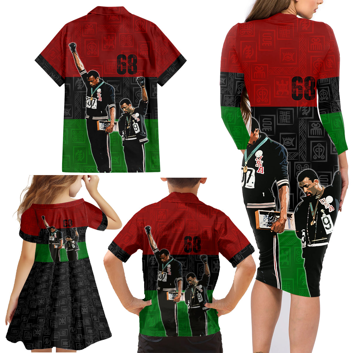 Mexico City 1968 African American Family Matching Long Sleeve Bodycon Dress and Hawaiian Shirt Black Power Salute - Wonder Print Shop