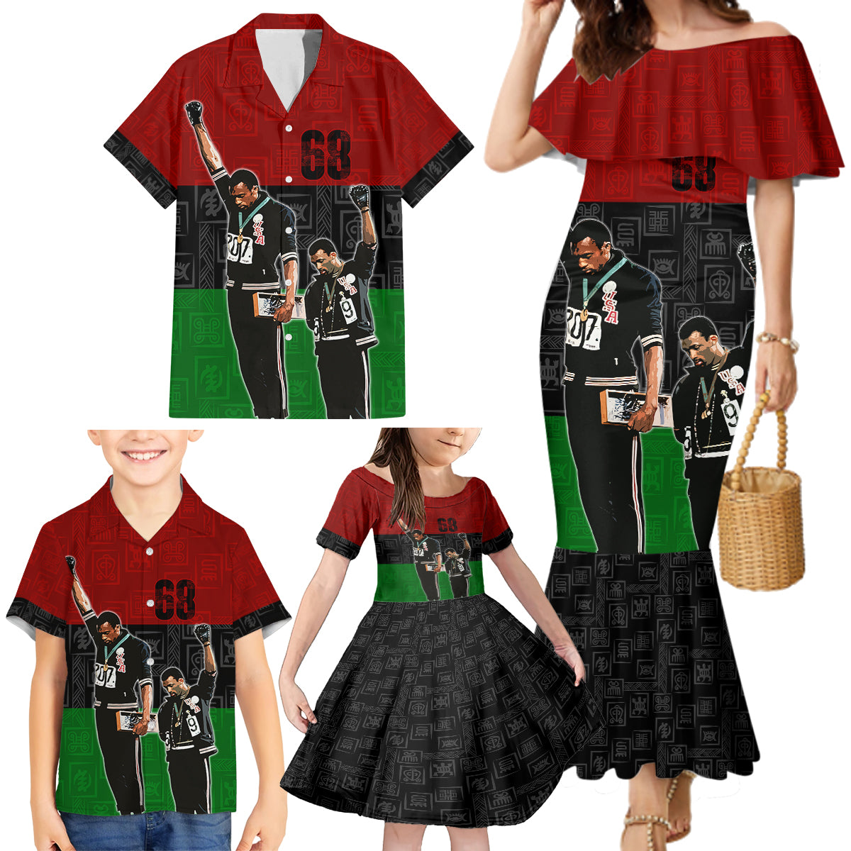 Mexico City 1968 African American Family Matching Mermaid Dress and Hawaiian Shirt Black Power Salute - Wonder Print Shop