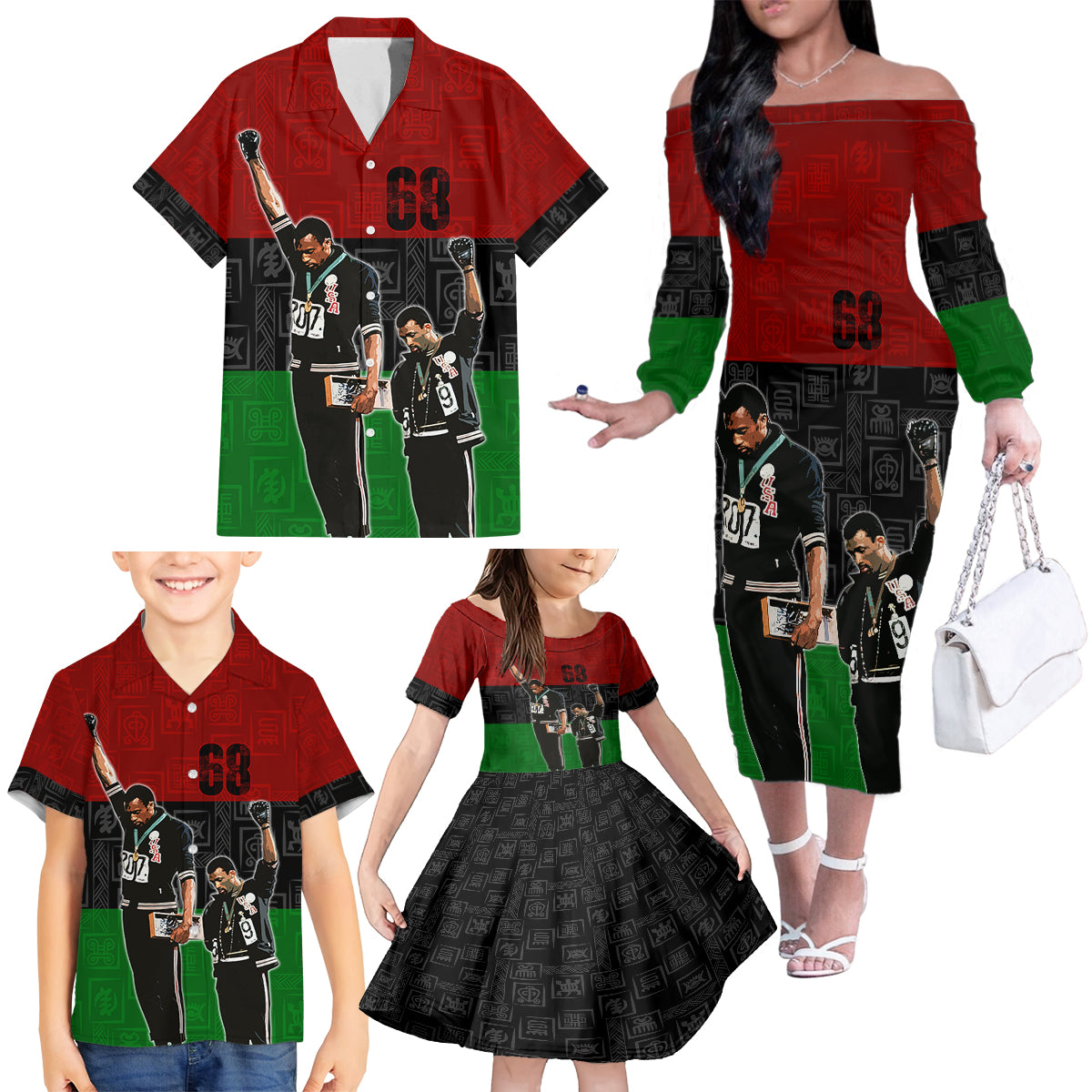 Mexico City 1968 African American Family Matching Off Shoulder Long Sleeve Dress and Hawaiian Shirt Black Power Salute - Wonder Print Shop