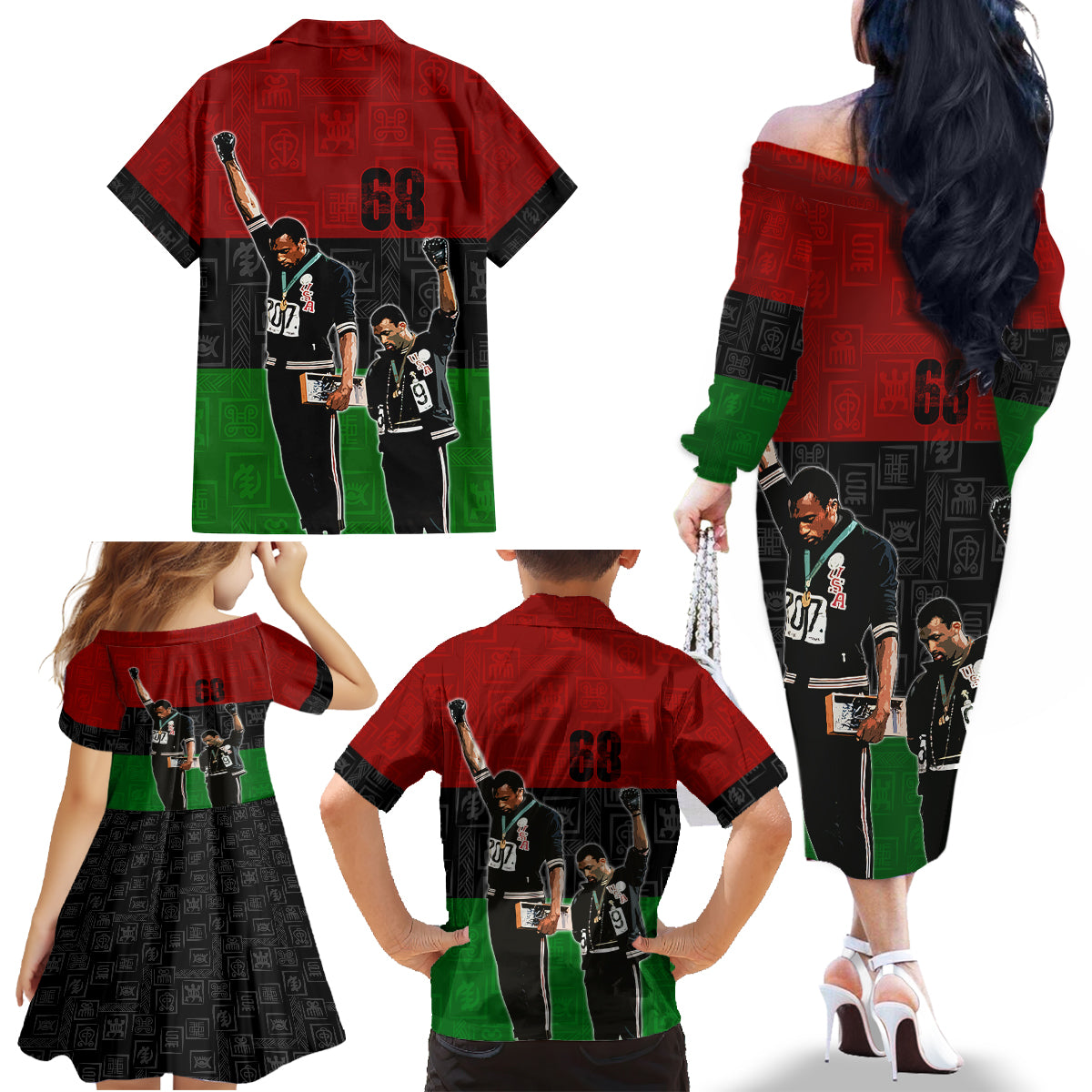 Mexico City 1968 African American Family Matching Off Shoulder Long Sleeve Dress and Hawaiian Shirt Black Power Salute - Wonder Print Shop