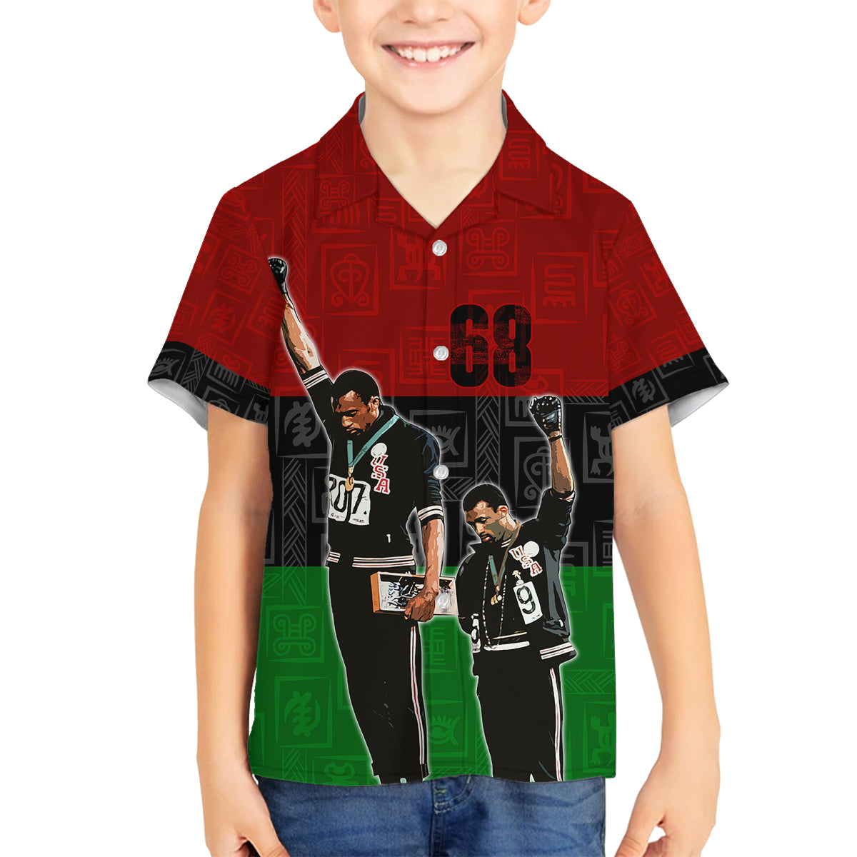 Mexico City 1968 African American Family Matching Off Shoulder Long Sleeve Dress and Hawaiian Shirt Black Power Salute - Wonder Print Shop