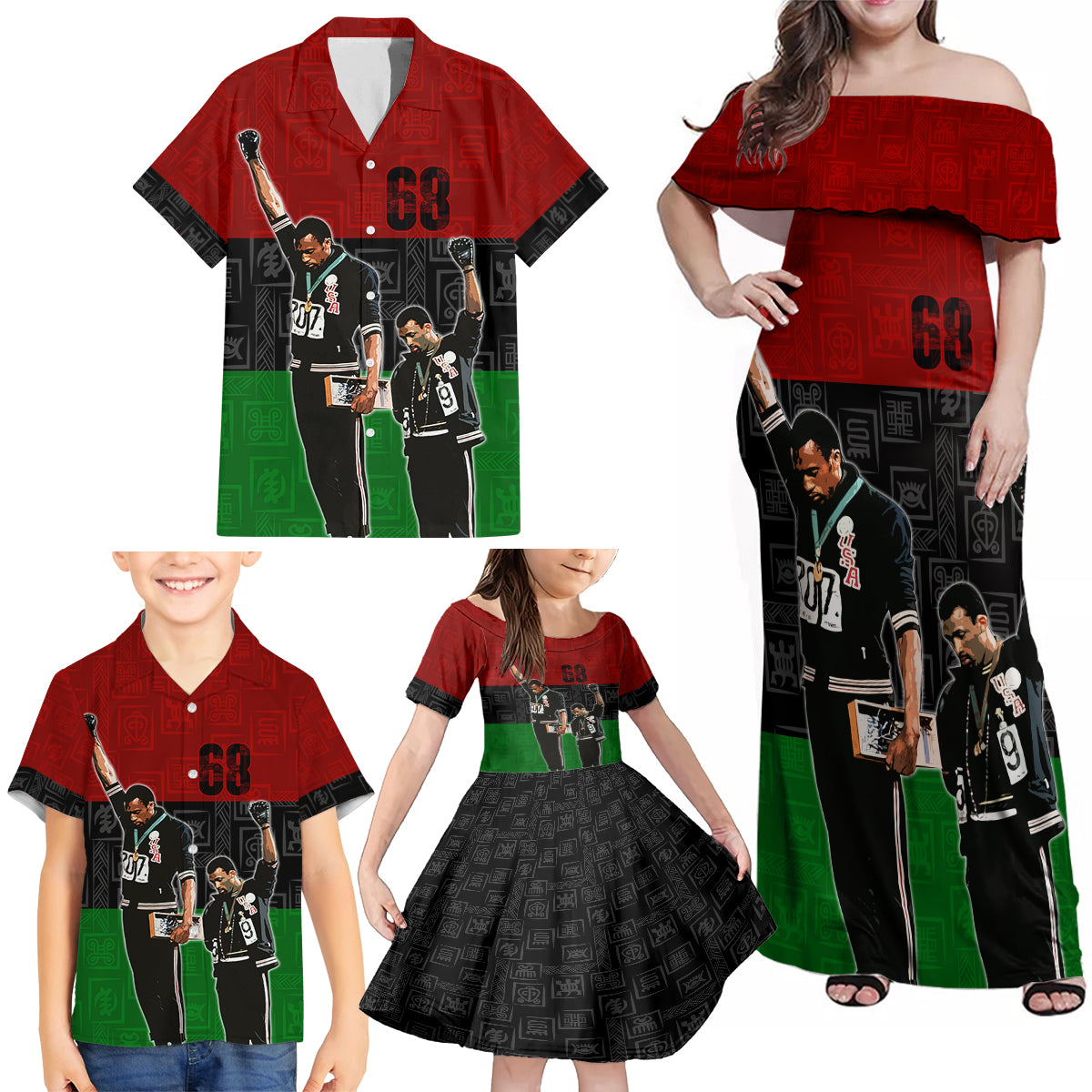 Mexico City 1968 African American Family Matching Off Shoulder Maxi Dress and Hawaiian Shirt Black Power Salute - Wonder Print Shop