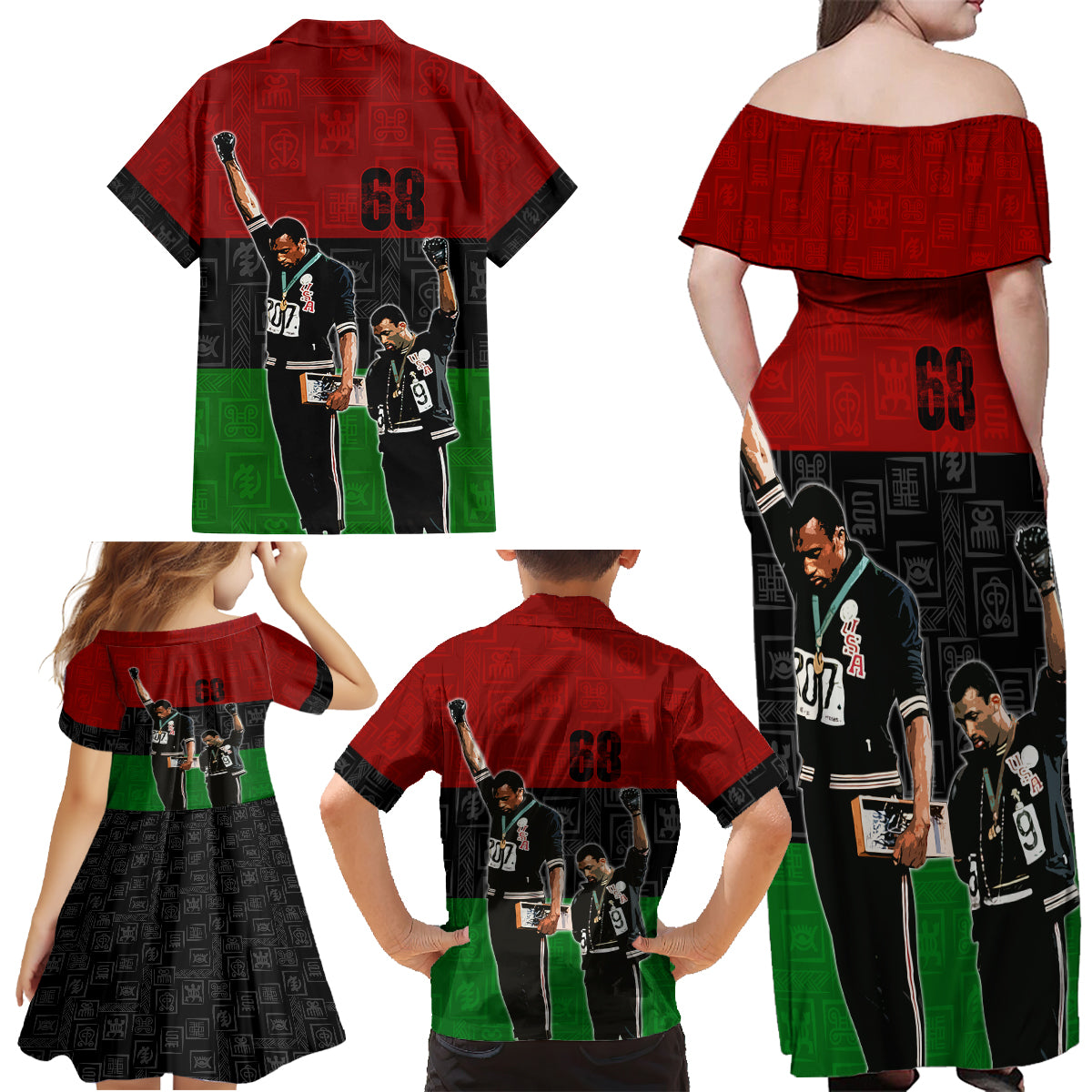 Mexico City 1968 African American Family Matching Off Shoulder Maxi Dress and Hawaiian Shirt Black Power Salute - Wonder Print Shop