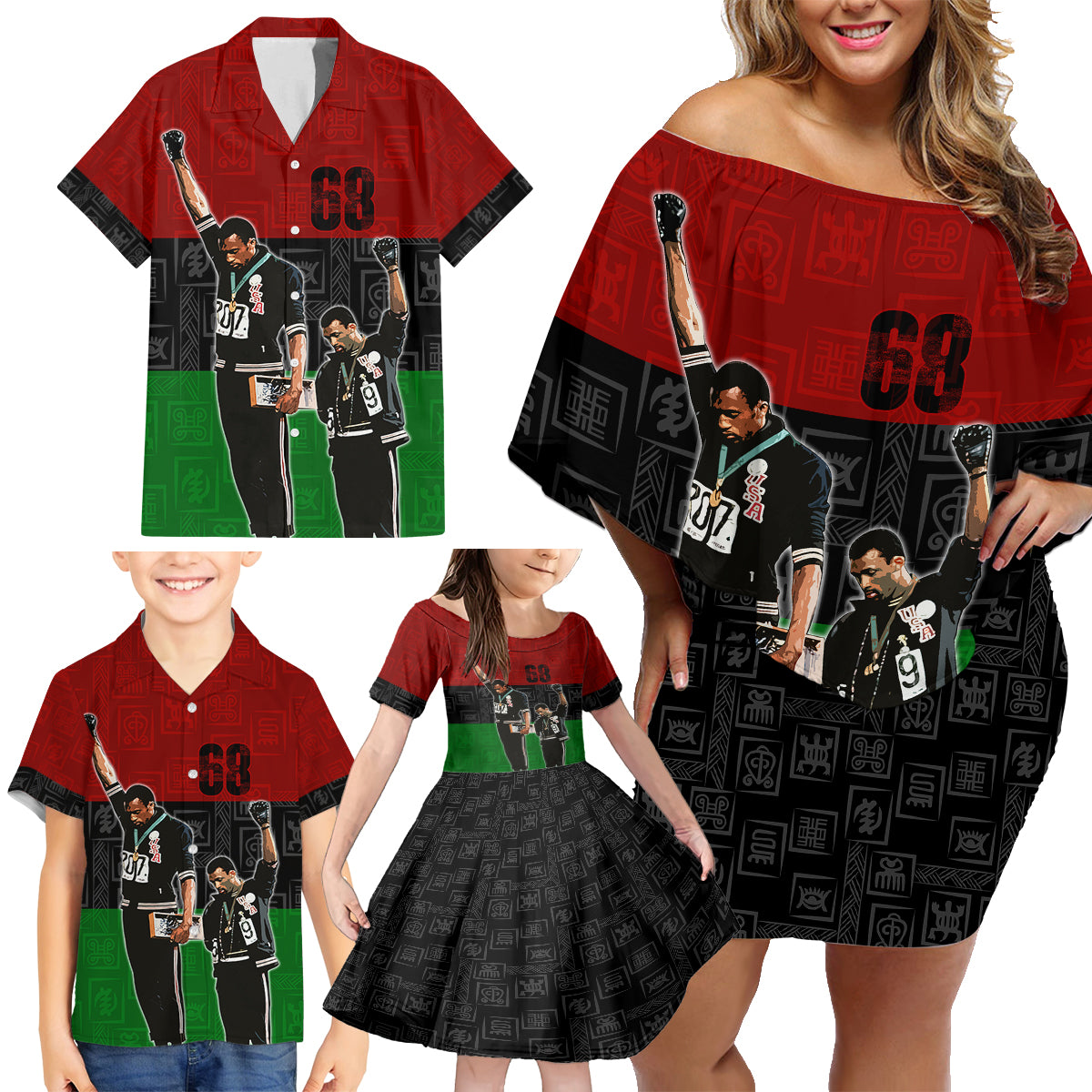 Mexico City 1968 African American Family Matching Off Shoulder Short Dress and Hawaiian Shirt Black Power Salute - Wonder Print Shop