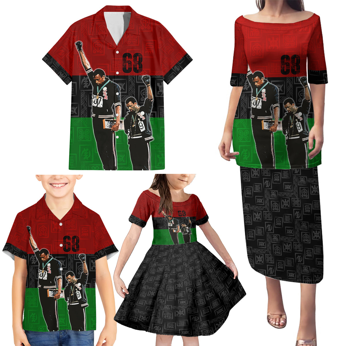 Mexico City 1968 African American Family Matching Puletasi Dress and Hawaiian Shirt Black Power Salute - Wonder Print Shop