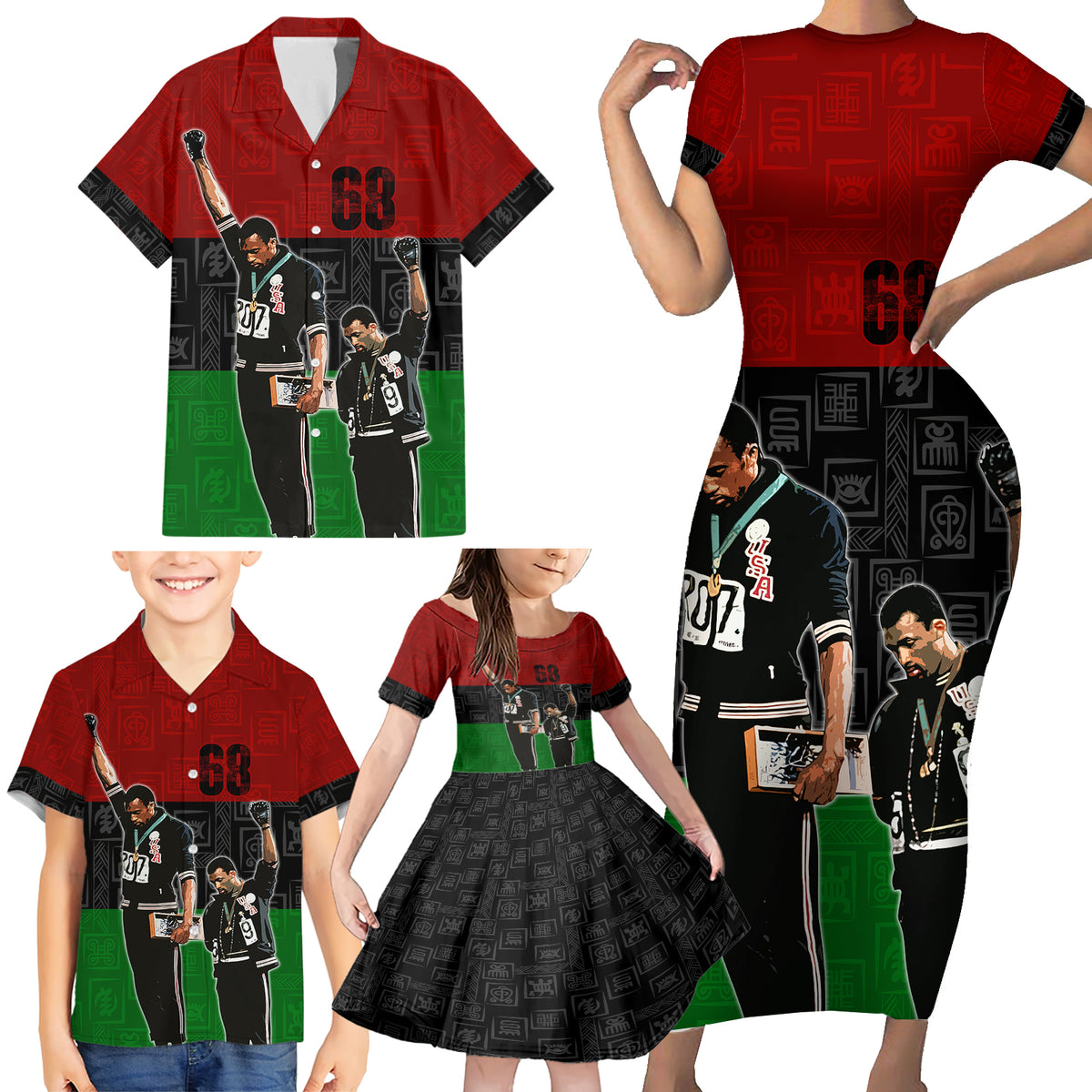 Mexico City 1968 African American Family Matching Short Sleeve Bodycon Dress and Hawaiian Shirt Black Power Salute - Wonder Print Shop