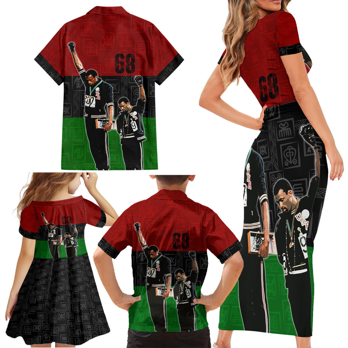 Mexico City 1968 African American Family Matching Short Sleeve Bodycon Dress and Hawaiian Shirt Black Power Salute - Wonder Print Shop