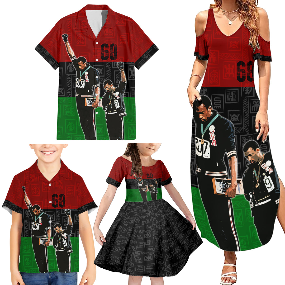 Mexico City 1968 African American Family Matching Summer Maxi Dress and Hawaiian Shirt Black Power Salute - Wonder Print Shop