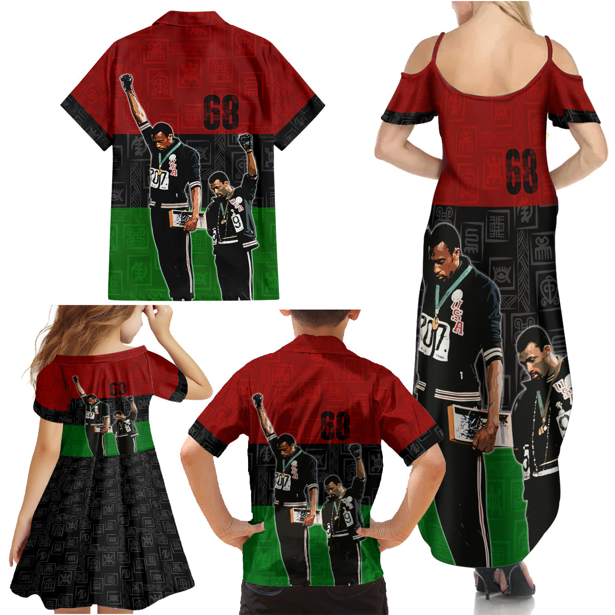 Mexico City 1968 African American Family Matching Summer Maxi Dress and Hawaiian Shirt Black Power Salute - Wonder Print Shop