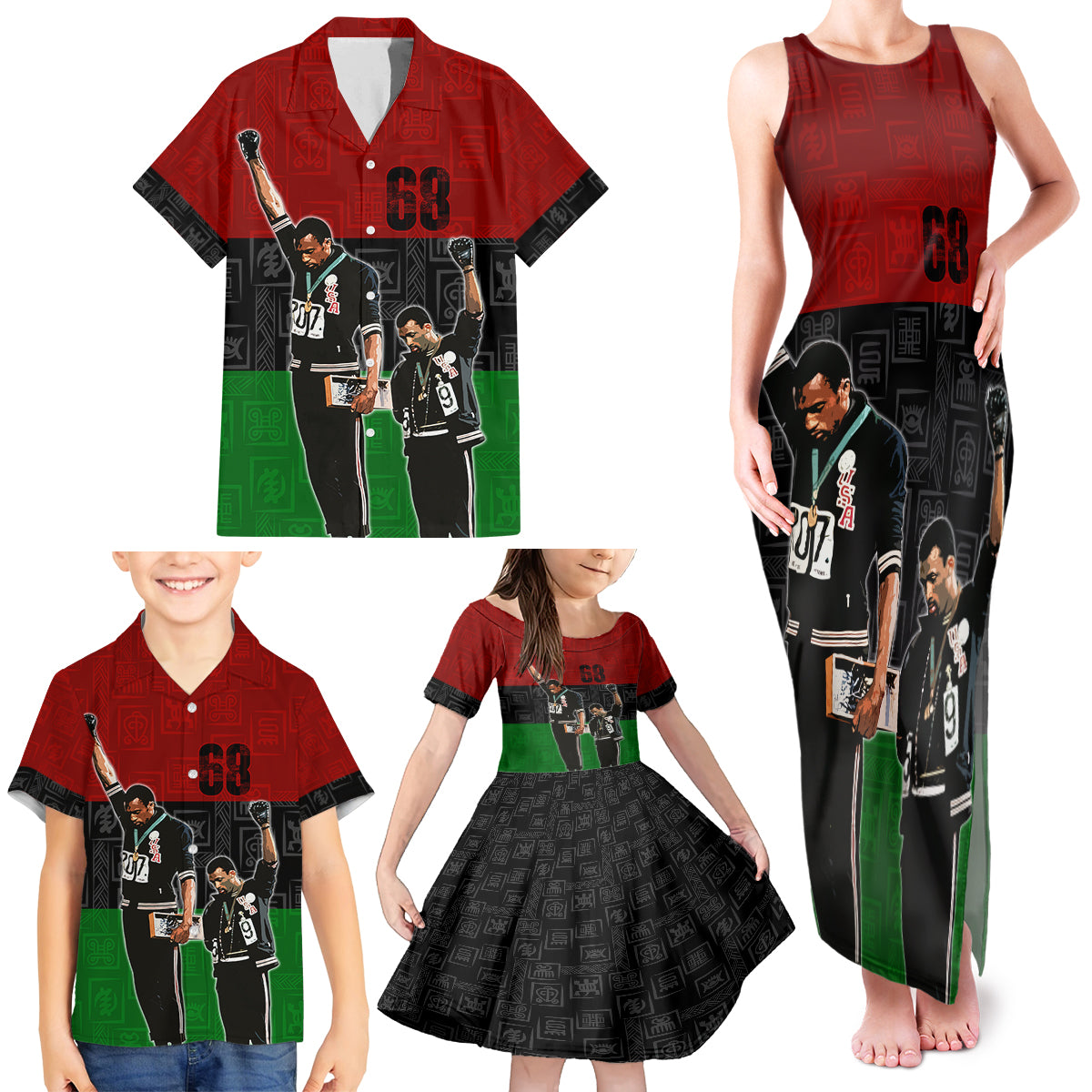 Mexico City 1968 African American Family Matching Tank Maxi Dress and Hawaiian Shirt Black Power Salute - Wonder Print Shop