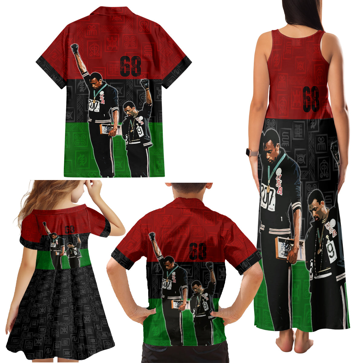 Mexico City 1968 African American Family Matching Tank Maxi Dress and Hawaiian Shirt Black Power Salute - Wonder Print Shop