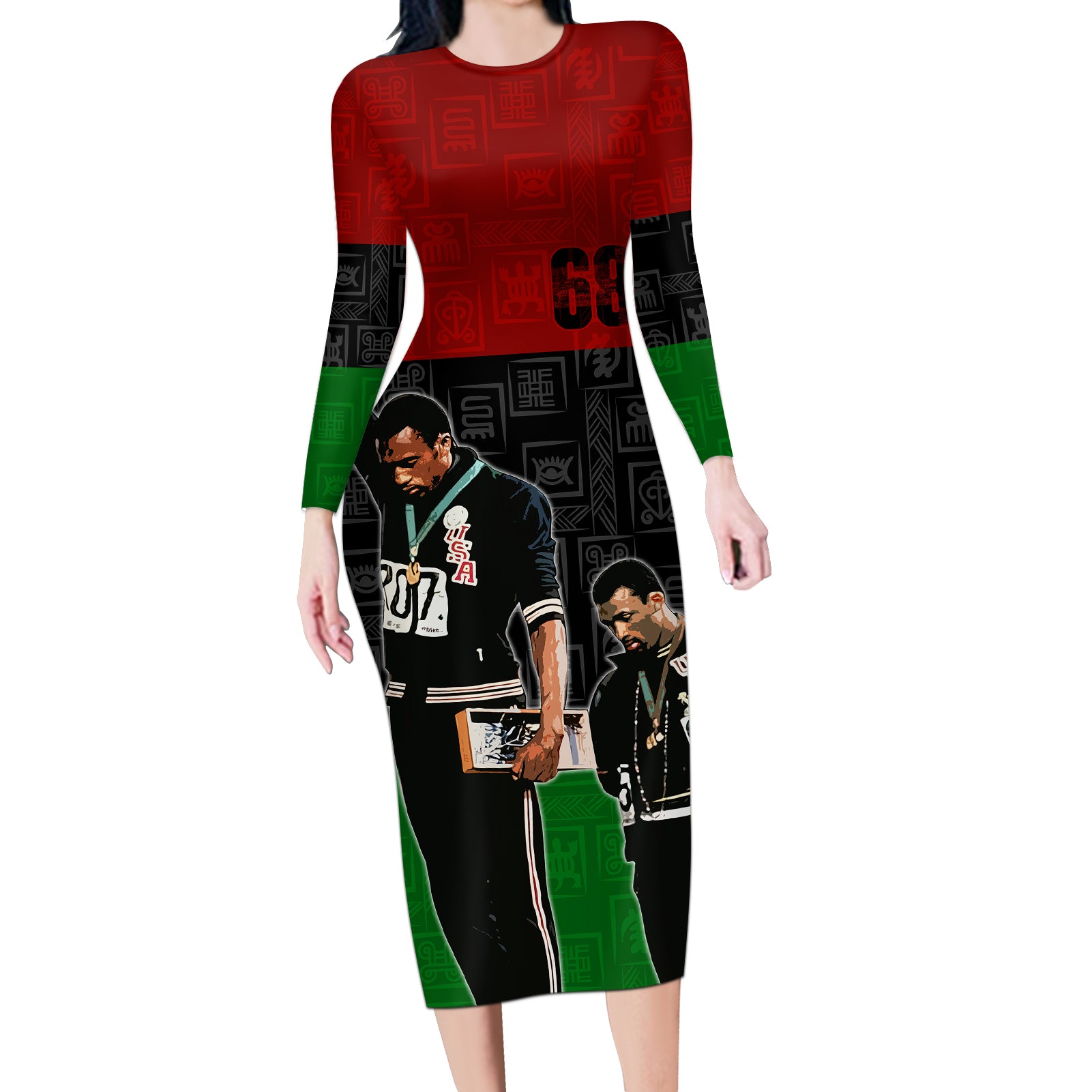 Mexico City 1968 African American Long Sleeve Bodycon Dress Black Power Salute - Wonder Print Shop