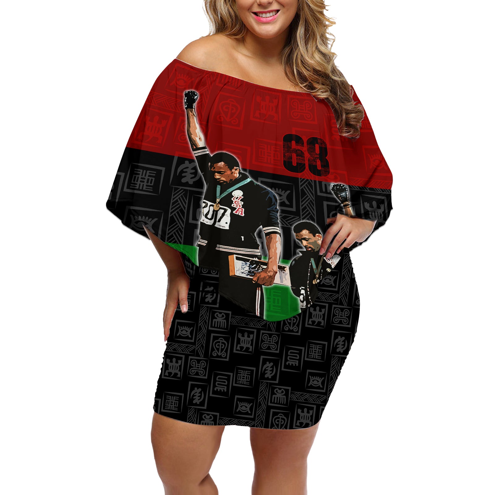 Mexico City 1968 African American Off Shoulder Short Dress Black Power Salute - Wonder Print Shop