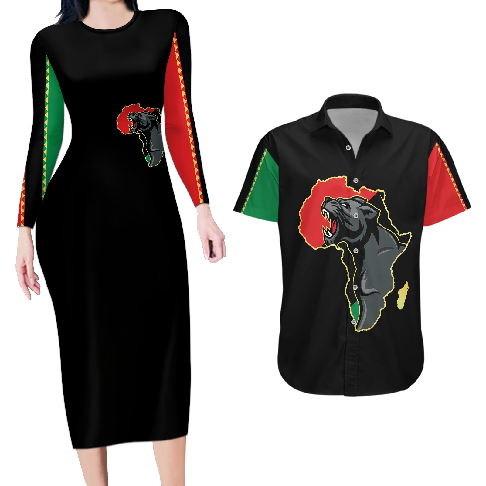 Powerful Panther Africa Couples Matching Long Sleeve Bodycon Dress and Hawaiian Shirt Map Africa - Wonder Print Shop
