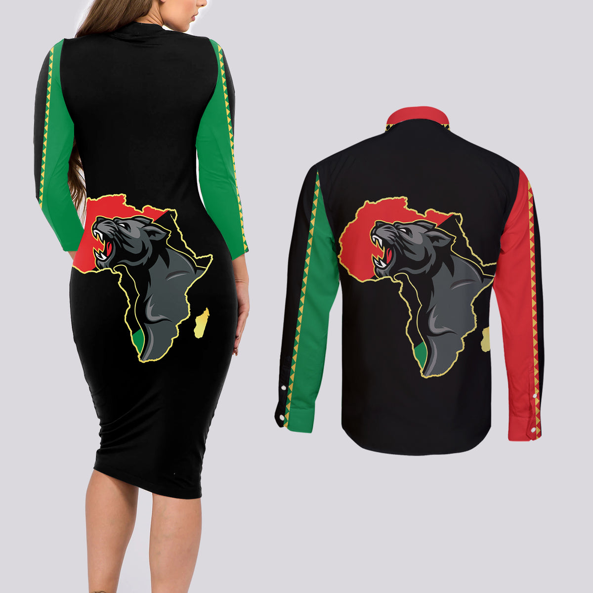 Powerful Panther Africa Couples Matching Long Sleeve Bodycon Dress and Long Sleeve Button Shirts Map Africa - Wonder Print Shop