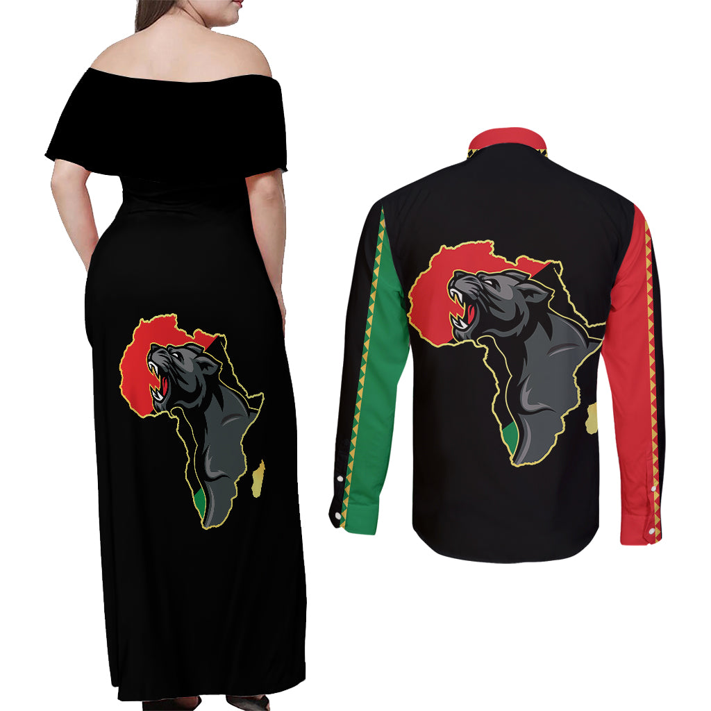 Powerful Panther Africa Couples Matching Off Shoulder Maxi Dress and Long Sleeve Button Shirts Map Africa - Wonder Print Shop