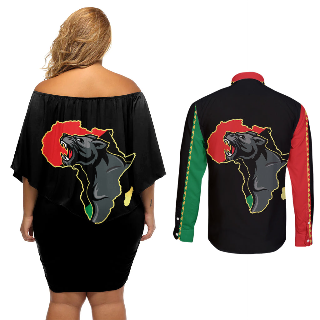 Powerful Panther Africa Couples Matching Off Shoulder Short Dress and Long Sleeve Button Shirts Map Africa - Wonder Print Shop