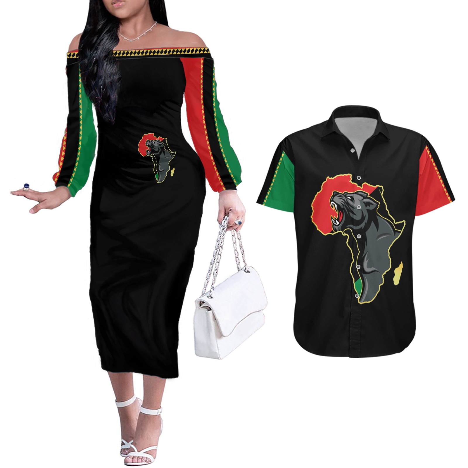 Powerful Panther Africa Couples Matching Off The Shoulder Long Sleeve Dress and Hawaiian Shirt Map Africa - Wonder Print Shop
