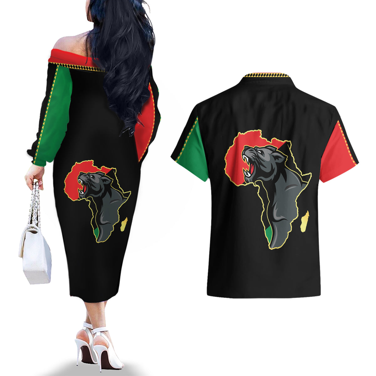 Powerful Panther Africa Couples Matching Off The Shoulder Long Sleeve Dress and Hawaiian Shirt Map Africa - Wonder Print Shop