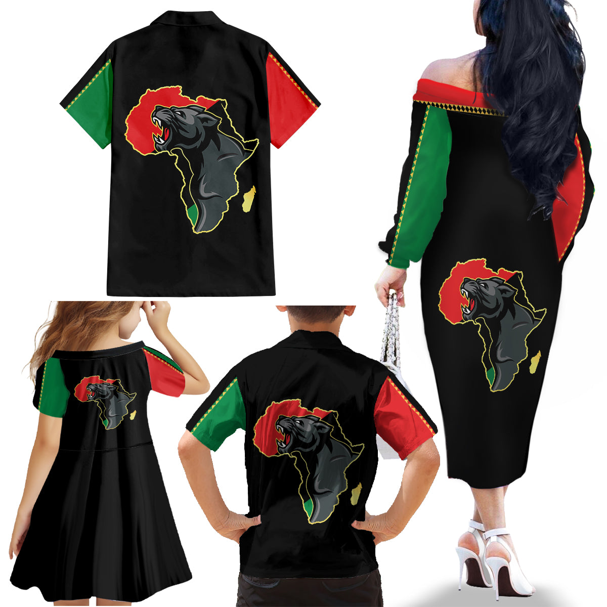 Powerful Panther Africa Family Matching Off Shoulder Long Sleeve Dress and Hawaiian Shirt Map Africa - Wonder Print Shop