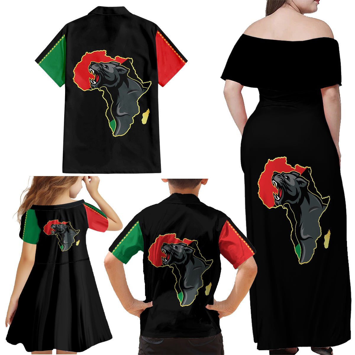 Powerful Panther Africa Family Matching Off Shoulder Maxi Dress and Hawaiian Shirt Map Africa - Wonder Print Shop